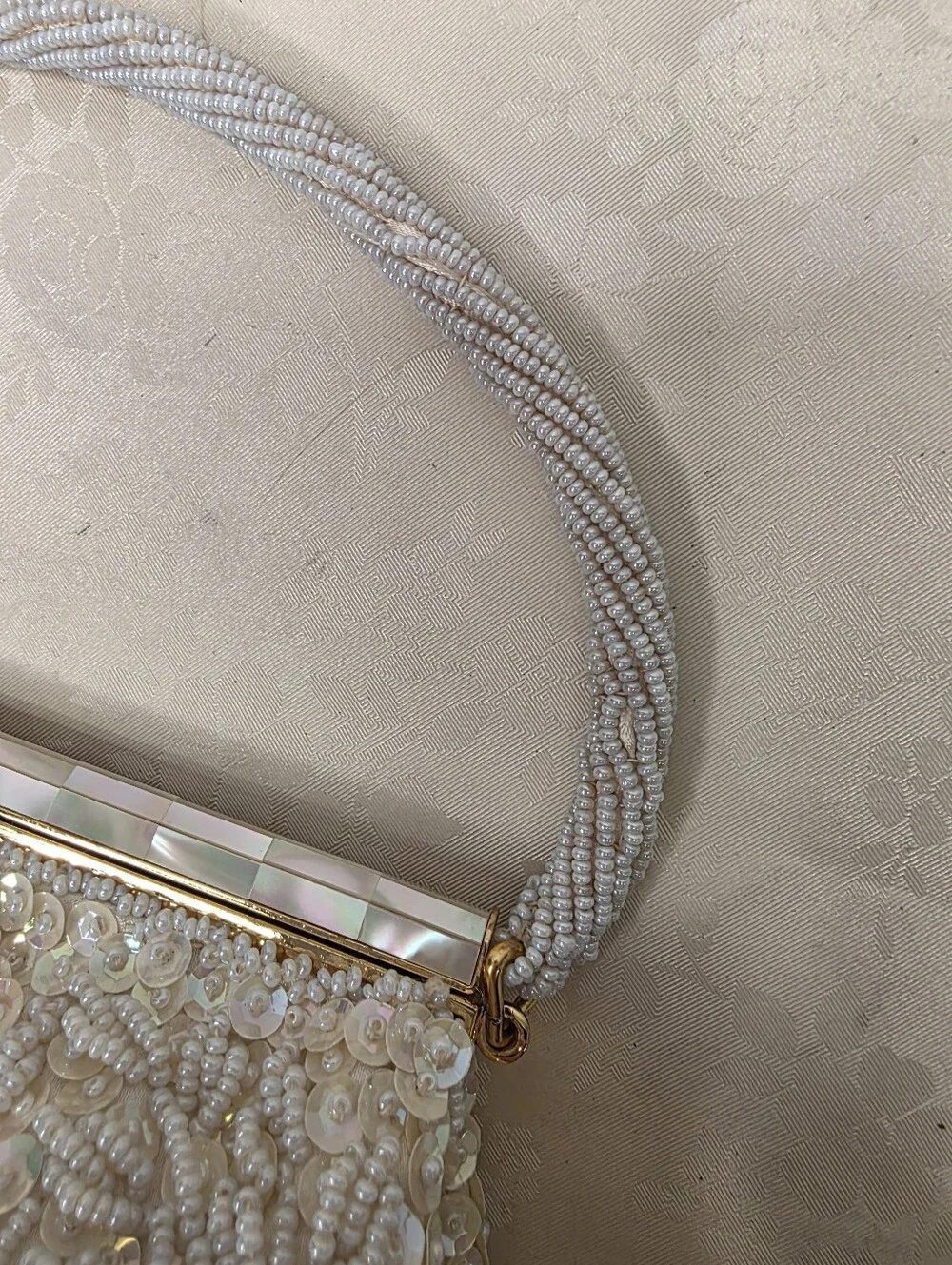 Vintage Beaded Sequined Evening Bag Mother of Pearl Clasp Hand Made Hong Kong